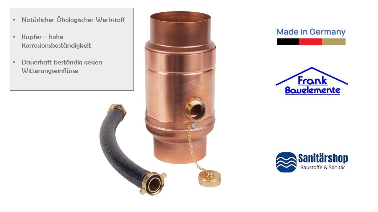 Sanitärshop Baustoffe & Sanitär Kupfer Regenwassersammler 100mm mit Schlauch- und Fassanschluss, 85% Wasser-Ertrag Dank doppelwandigem Aufbau, Wassersammler für Regentonnen + Handschuhe