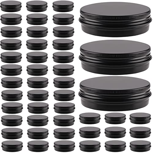 OBKJJ 48 Pcs Aluminum Round Cans with Lid, 2 Oz Metal Tins Food Candle Containers with Screw Tops for Crafts, Food Storage, DIY (black)