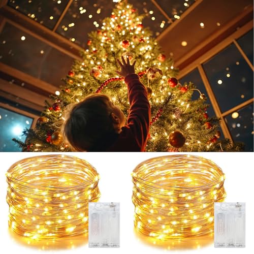 Luces de hadas, paquete de 2 tiras de 100 luces LED de 33 pies, mini luces parpadeantes de cobre, luces blancas cálidas para decoraciones de Navidad en interiores y exteriores, fiestas, bodas,