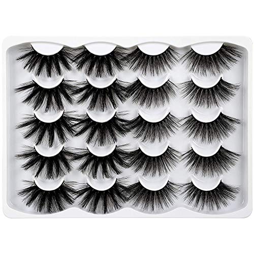 Pawotence False Eyelashes 25mm Dramatic Long Faux Mink Lashes Pack 10 Pairs Soft Handmade Fake Eyelashes Pack