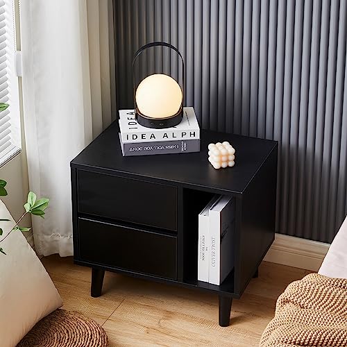TUKAILAi Set of 2 Modern Black Nightstands with 2 Drawers and Open Storage for Bedroom