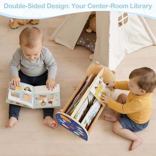Image of Toddler Bookshelf Double-Sided with 4 Tier Deep Sleeves Kids Wooden Montessori Book Rack for Baby Nursery Room, Playroom, Classroom or Bedroom Bookcase Storage Organizer, Blue Astronaut