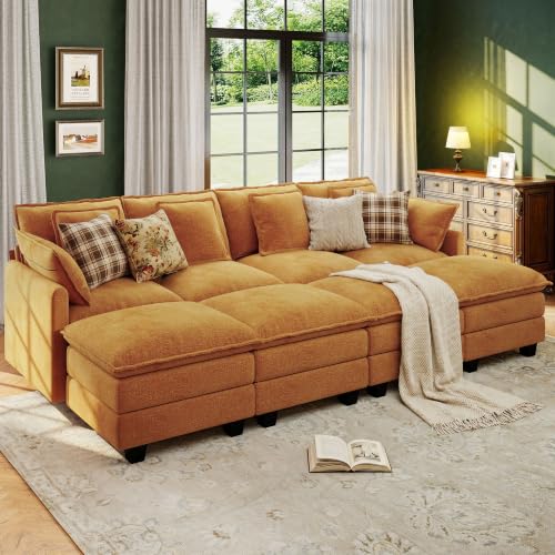 Image of 107 inch Cloud Couch Sectional Modular Sofa, Deep Seat Couches with Ottoman and Removable Washable Pillows for Living Room, Bedroom, Apartment, Orange
