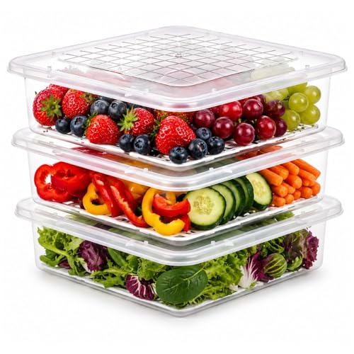 Image of Fridge Storage Boxes Fridge Organizer with Removable Drain Plate and Lid Stackable Fridge Storage Freezer Storage Containers for Fish, Meat, Vegetables, Fruits (2500ML, Pack of 3)