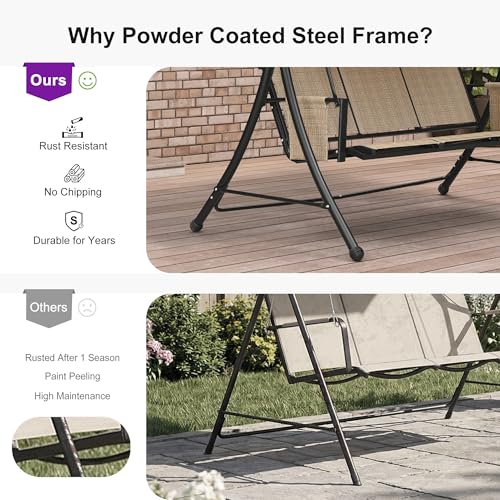 Image of PURPLE LEAF 3-Seat Porch Swing with Stand and Adjustable Canopy, Khaki | Rust-proof metal frame; breathable Textilene mesh; spacious 3-seat capacity; side storage pockets; backyard relaxation.