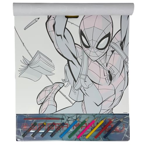 Libro da Colorare Marvel Disney per Bambini Album Maxi 40,5x35 cm con Pastelli Matite Stickers e Fogli Magici Idea Regalo Creativa (Spiderman)