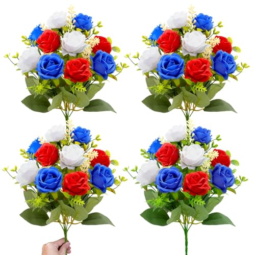 4 Bouquets Artificial Red White and Blue Patriotic Flowers 4th of July Decorations USA 250th Anniversary Outdoor UV Resistant Realistic Fake Silk Roses Memorial Flowers for Cemetery Veterans Home