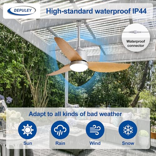 Image of Depuley 42-Inch Ceiling Fans with Lights: Outdoor Waterproof Ceiling Fan for Patios - Plug in Gazebo Fans with Remote Control - Low Profile Outdoor Fan 3 CCT DC Motor for Pergola Porch - Wood Color