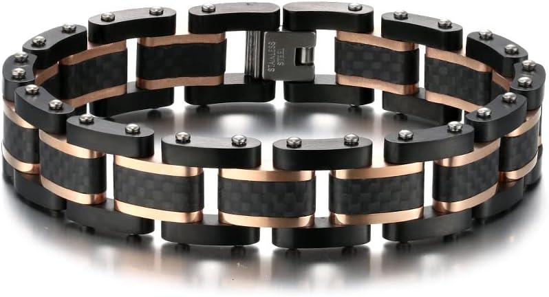 Men's Carbon Fiber Bracelet, Stainless Steel Chain, 8.5 Inches, 15mm Wide, Available in Blue, Silver, Rose Gold