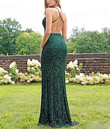 YMSHA Spaghetti Strap V Neck Sequin Prom Dresses for Teens High Slit Long Evening Party Dress YMS2453