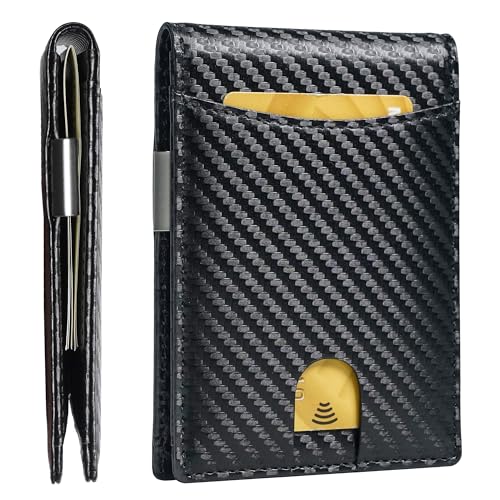Image of Slim Bifold Wallet for man with Money Clip - RFID Blocking, Multiple Credit Card Pockets - Sleek and Versatile Design - Genuine Leather - Ideal for Cash and Cards (Carbon Fiber - Carbon Fiber)