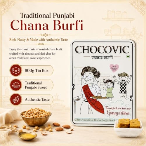 Image of Chocovic Roasted Chana Burfi 800 g Tin Box - Authentic Punjabi Sweet, Traditional Indian Mithai Made with Roasted Chana, Fresh & Delicious Dessert with No Added Preservatives