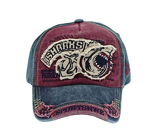 Image of Vintage Baseball Cap Denim Embroidered Shark Trucker Hat Retro Frayed Edge Sunhat 100% Cotton Outdoor Cap Unisex
