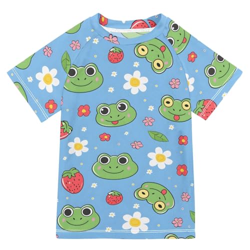 ALAZA Boys Swim Shirt Short Sleeve Rash Guard for Boys Girls UPF 50+ Frog Cartoon Blue 9-10T