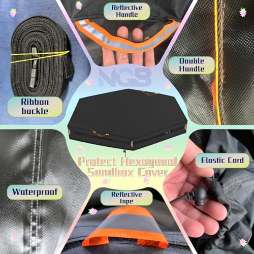 Image of Outdoor Hexagonal Sandbox Cover with Two Night-Vision Reflective Handles and 5-Meter Webbing Loops, Featuring an Elastic Drawstring at The Bottom. Suitable for sandboxes up to 60 inchL x 52 inchW x 9 inch H.