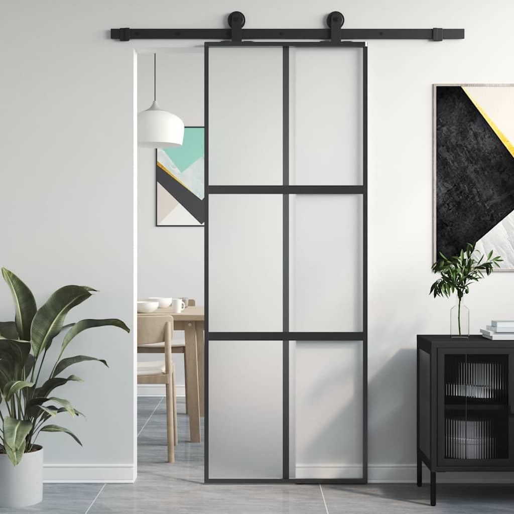 Puerta corredera negra de vidrio templado y aluminio 76 x 205 cm con cristal mate, marco robusto, ideal para nuevas construcciones, renovaciones, viviendas y garajes, ofrece privacidad y