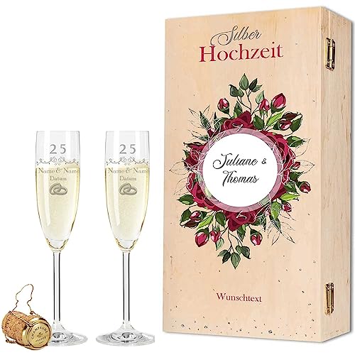 Leonardo - Bicchieri da spumante con incisione, per matrimonio in argento, 25 anni, personalizzabili con nome e data, con scatola di legno, regalo per matrimonio, fidanzamento, anniversario, colore: