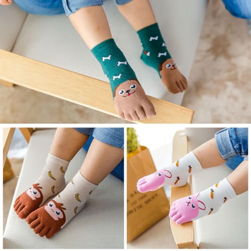 5 Pairs Cotton Split Tabi Toe Five Finger Socks Cartoon Animal Seperated Socks for Kids Boys Girls 3-12 Years4
