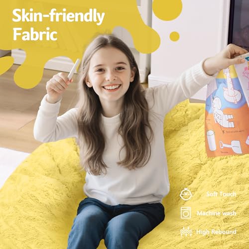 Image of 2FT Bean Bag Chair,Giant Bean Bag Chairs for Adults,Big Bean Bags with Memory Foam Filled, Large Beanbag Chairs with Chevron Plush Cover-Yellow
