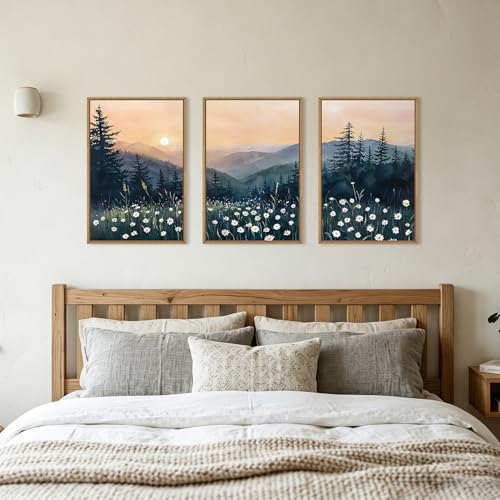 Image of KAIRNE Mountain Floral Landscape Framed Canvas Wall Art Set,Watercolor Forest Wall Decor,Misty Pine Tree Art Prints,Nature Sunset Scenery Artwork for Living Room,Bedroom,Farmhouse,Office-16 x24 x3