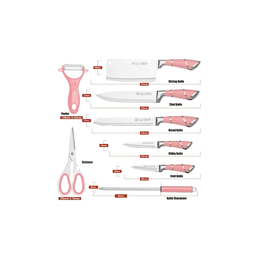 YF-TOW Knife Block Set, Kitchen Knife Set with Stand, 9 PCS Pink Sharp Stainless Steel Knife Set with Chef Knife,Bread Knife,Carving Knife,Scissors and Knife Sharpener (Pink)