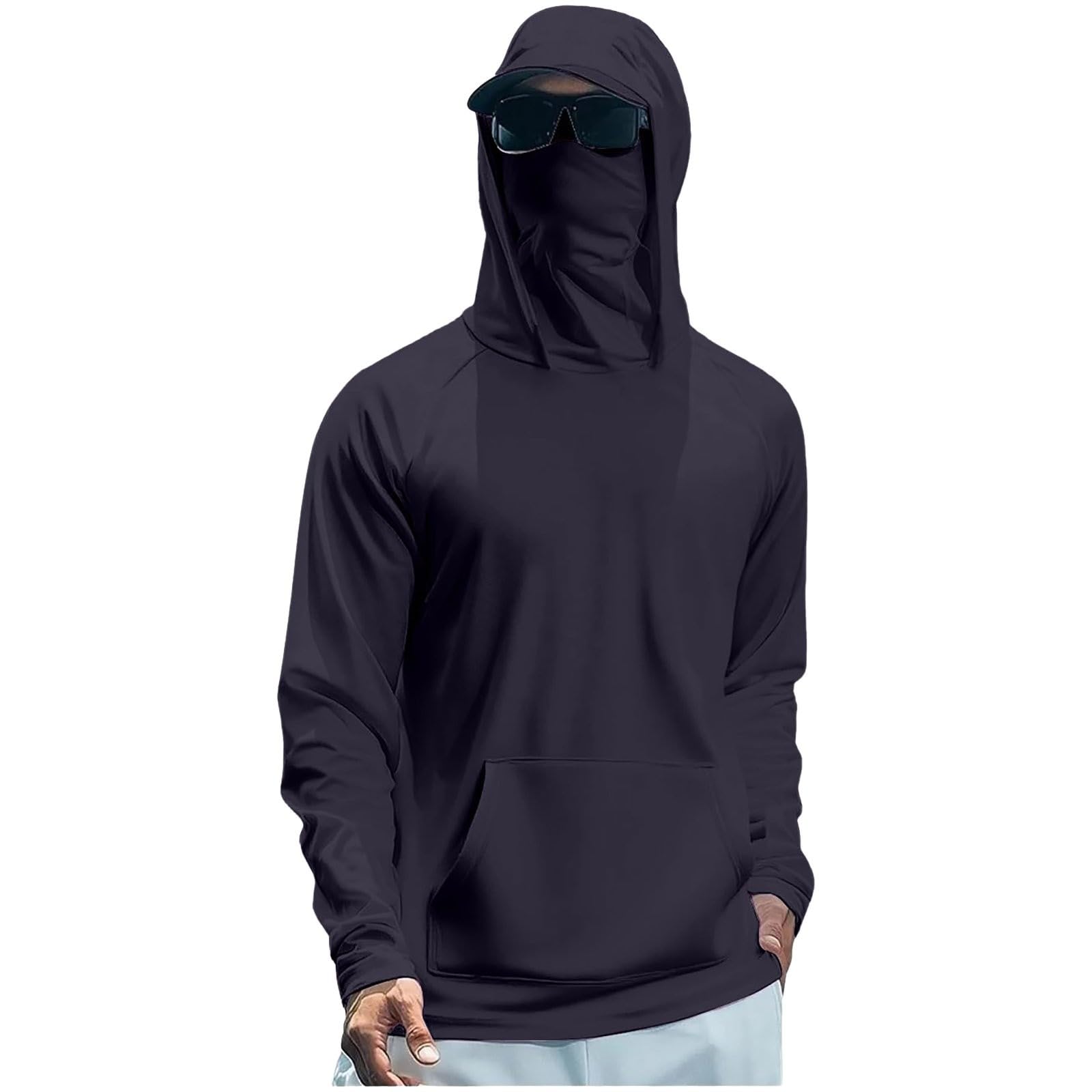 Men's Sun Protection Hoodie with Face Mask Quick Dry Fishing Shirt Lightweight UPF 50+ UV Hoodie Long Sleeve Rash Vest for Hiking Running Outdoor, Navy, L