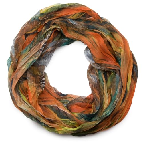 styleBREAKER Damen Loopschal Feder Muster Batik Style | leichter Schlauchschal mit Crash Crinkle Optik | weiches Halstuch für Frühling und Sommer, Farbe:Orange