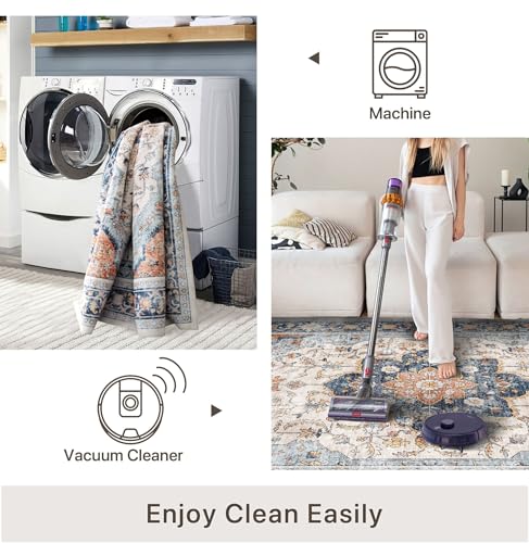 vivorug 8x10 Area Rugs for Living Room, Non-Slip Backing Washable Rug 8x10, Large Area Rug Soft Carpet for Bedroom Dining Room, Vintage, Easy Clean, Durable, Low Pile Rug Orange/Navy