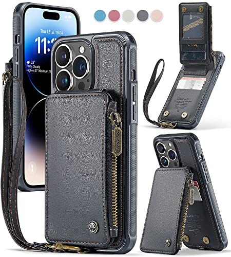 Pocarder Wallet Case for iPhone 14 Pro Max, iPhone 14 Pro Max Case Wallet for Women Men, Durable Leather Magnetic Buckle Flip Strap Wristlet Zipper Card Holder Phone Cases (Black1)
