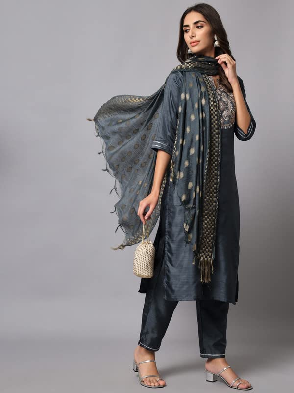 Image of VredeVogel Women's Cotton Silk Blend Embroidered Viscose Print Kurta Pant With Dupatta Set