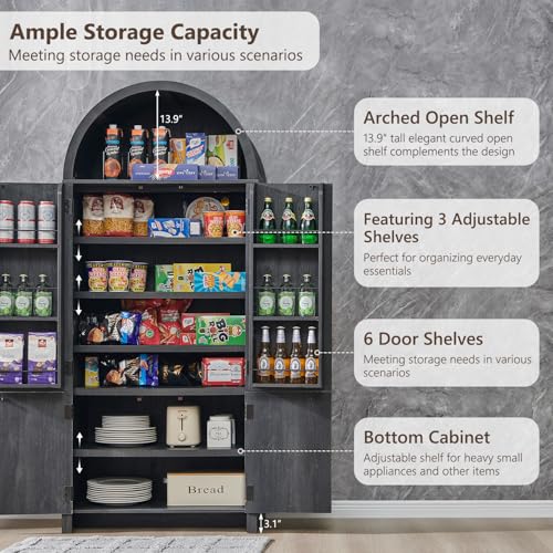 Image of IFGET 71 inch Tall Arched Kitchen Pantry, Modern Fluted Wood Storage Cabinet with Doors, 3 Adjustable Shelves, 6 Door Shelves, Organizer, Versatile Cupboard for Kitchen,Bathroom, Dark Gray