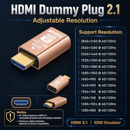 Image of HDMI 2.1 Dummy Plug 4K@120Hz Virtual Display Emulator, Headless Adapter, HDMI Display Adapter, Supports 3840x2160@120Hz, 1440P@120Hz, 1080P@120Hz, EDID Emulator for GPU /Remote Desktop