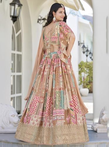 Image of Women's Digital Print With Zari Dori Embroidery Work Chinnon Silk Lehenga Choli With Dupatta (Women-Lehenga-Choli-New; Free size)