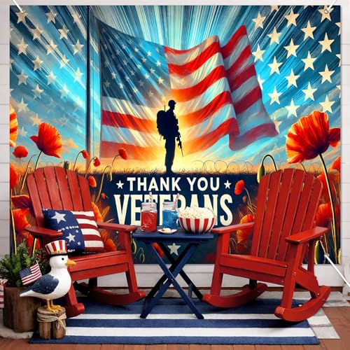 Image of BlissYard Thank You Veterans Backdrop 4th of July Decorations Patriotic Banner 8x6ft American Flag Soldier Decorations for Memorial Day Veterans Day Independence Day Party