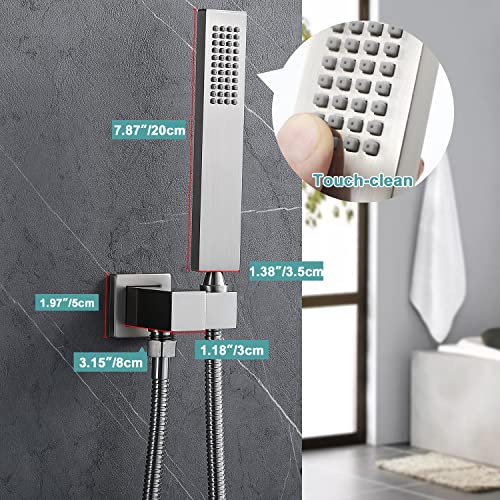 Enga Solid Brass High Pressure Hand Held Shower Wand Square Head With Adjustable Supply Elbow Wall Connector Shower Holder And Hose Set, Brushed Nickel #TOP7