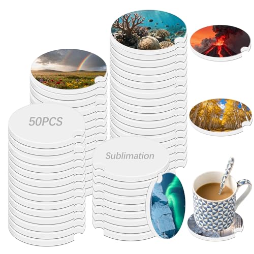 50 Pcs Ceramic Bulk Sublimation Blanks Car Coasters Car Cup Holder Insert with Finger Notch Notch for Easy Removal Absorbent Auto Cup Holders Keep Vehicle Free from Cold Drink Sweat Stain Spill