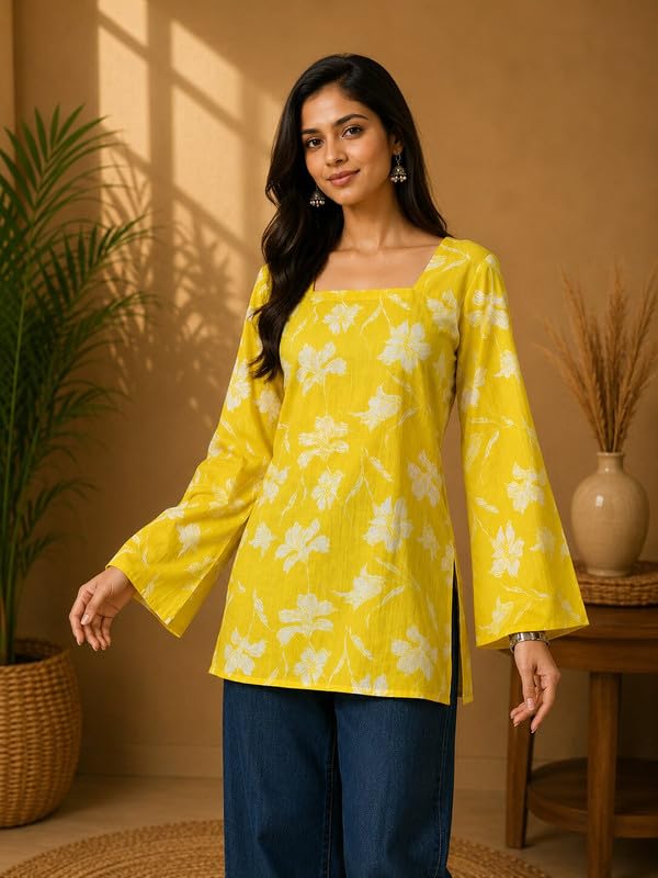 Image of Rayon Floral Print Short Kurti for Women | Square Neck Long Sleeve Top for Women | Criss Cross Back Desing Kurti | Soft Breathable Fabric | Relaxed Fit | Casual and Office Wear