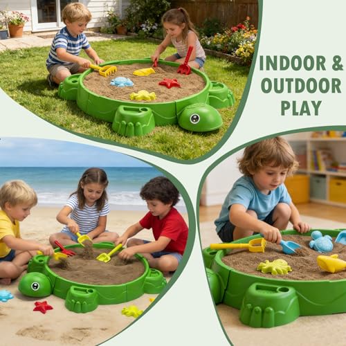 Image of VROGTIK Turtle Sandbox with Lid & Beach Toys Set, 38 inch Kids Sandbox for Toddlers 3-8, Indoor Outdoor Sensory Play Sand Box with Cover, Summer Gift for Ages 3-8