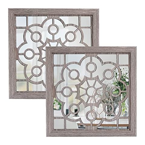 Square Rustic Decorative Wall Mirror - Living Room Farmhouse Wall Mirrors, 2pcs Wall Mounted Mirror for Bedroom Kitchen Bathroom Entryway Hallways Home Decor Clearance, Small Accent Mirror Art Cover