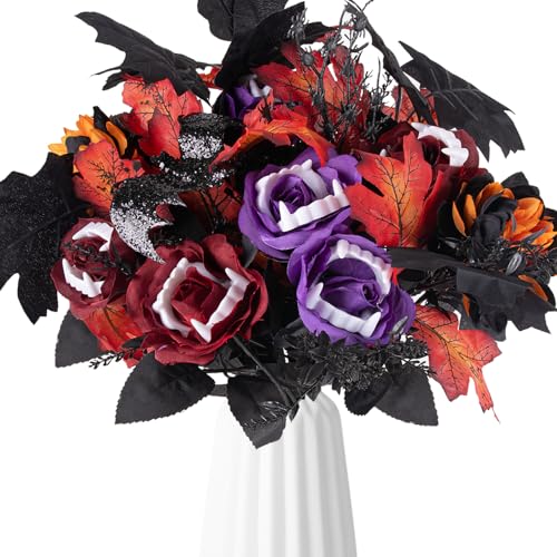 GYWJJ Artificial Halloween Flowers Bouquet Dark Purple Red Roses Flowers with Teeth Gothic Flowers Halloween Floral Arrangements for Party Home Table Centerpieces Vase Wedding Decor (14.45)