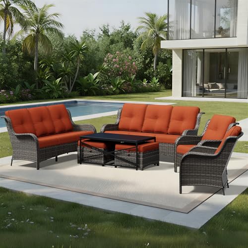 Image of Joyside 7 Piece Wicker Patio Furniture Set, Rattan Patio Chairs with High Back, Deep Seating, Wide Armrest, Thickened Cushions, Outdoor Furniture for Deck, Porch Use
