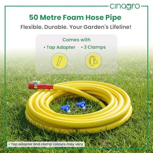 Image of Cinagro 50 Meter 0.5 Inch Garden Foam Hose Pipe, Made of PVC Powder Compound, Non-Toxic, Durable & Flexible, Comes with Tap Connector & 3 Clamp for Watering Garden, Cleaning, 164 Ft, Neon Yellow