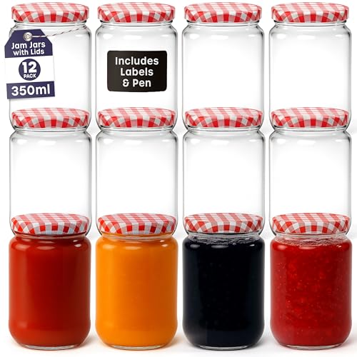 volila Jam Jars with Lids - 350ml Round Jam Jars with Red Gingham Screw Top Lids - Airtight Jars with Lid for Jam Preserves Marmalade and Pickle - Preserving Jars with Labels and Pen (12 Pack)