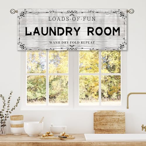Laifzere Wooden Farmhouse Laundry Room Curtain Valance for Window Treatments Vintage Barn Rod Pocket...