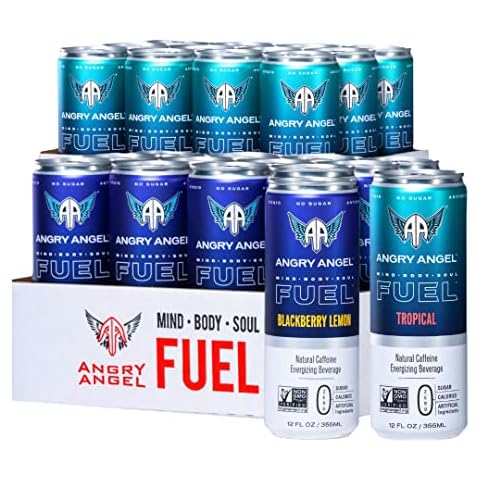 Angry Angel Blackberry Lemon & Tropical Natural Energy Drink - (24 count) Mixed Pack - Zero Sugar - CoQ10 - Important B Vitamins - 12 oz Cans Cover