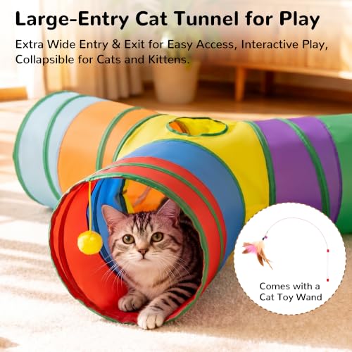 Image of Tempcore Cat Tunnel, 3-Way Collapsible Toy, Large Size Rainbow | Large Size 3-Way Cat Tunnel Provides More Room for Cats to Run, Hide and Chase, with Peek Holes, Hanging Ball and Teaser Wand