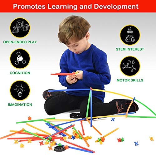 Playlearn Large 800 Piece Straws Builders Construction Building Toy with Wheels - Giant Pack with Special Colored Connectors - Thumbnail 2