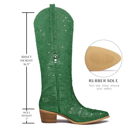 RKQ Women's Sparkly Rhinestone Western Glitter Pointed Toe Block mid Heel Knee High Cowboy Boots Zipper Pull-on Tabs for Girl Party Dating bling Cowgirl shoes3