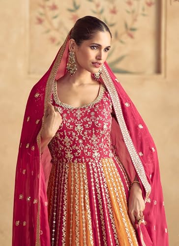 Image of Miss Ethnik Women's Pink Chinon Stitched Gown with Dupatta 3 /4 Sleeve Embroidered Anarkali Gown (ME-1231)