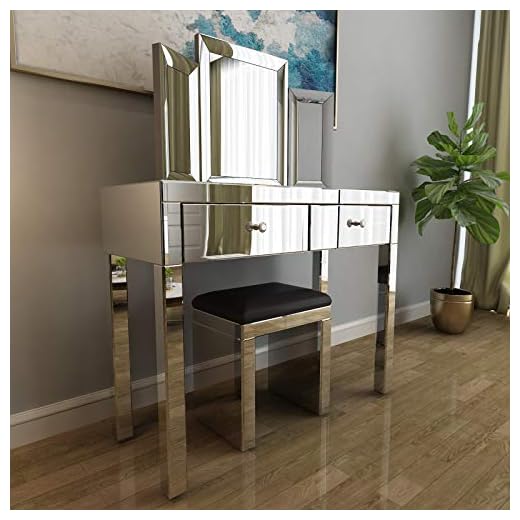 Mecor Mirrored Vanity Table Set w/Tri-fold Mirror&Cushioned Stool Silver Makeup Dressing Table with 2 Drawers Modern Writing Desk for Bedroom Bathroom Home Office
